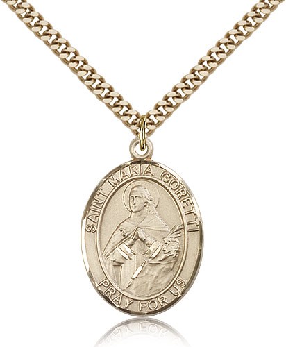 St. Maria Goretti Medal, Gold Filled, Large - 24&quot; 2.4mm Gold Plated Chain + Clasp