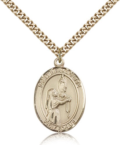 St. Bernadette Medal, Gold Filled, Large - 24&quot; 2.4mm Gold Plated Chain + Clasp