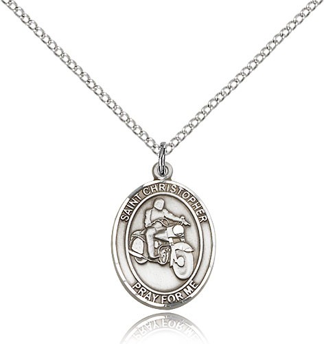 St. Christopher Motorcycle Medal, Sterling Silver, Medium - 18&quot; 1.2mm Sterling Silver Chain + Clasp