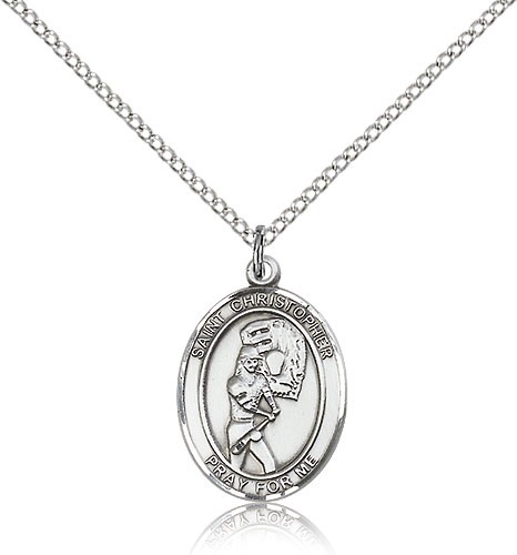 St. Christopher Softball Medal, Sterling Silver, Medium - 18&quot; 1.2mm Sterling Silver Chain + Clasp