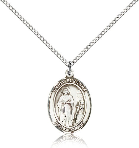 St. Susanna Medal, Sterling Silver, Medium - 18&quot; 1.2mm Sterling Silver Chain + Clasp