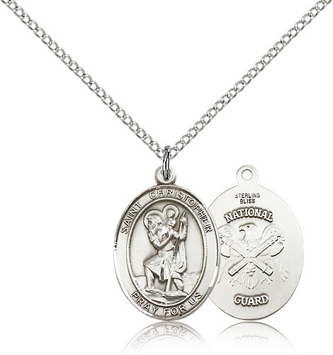 St. Christopher National Guard Medal, Sterling Silver, Medium - 18&quot; 1.2mm Sterling Silver Chain + Clasp