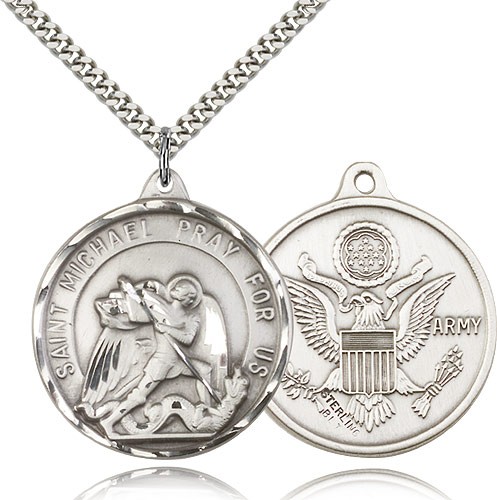 St. Michael Army Medal, Sterling Silver - 24&quot; 2.4mm Rhodium Plate Endless Chain