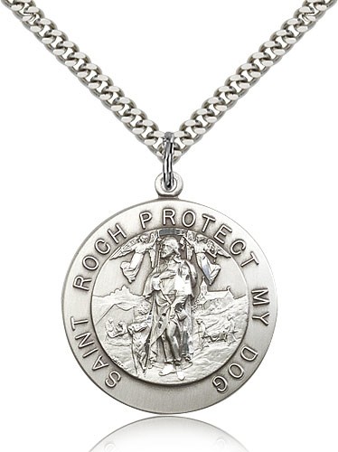 St. Roch Medal, Sterling Silver - 24&quot; 2.4mm Rhodium Plate Endless Chain