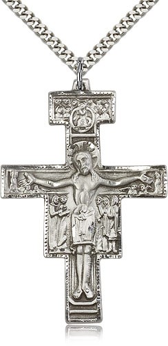 Large Sterling Silver San Damiano Crucifix Pendant - 24&quot; 2.4mm Rhodium Plate Endless Chain