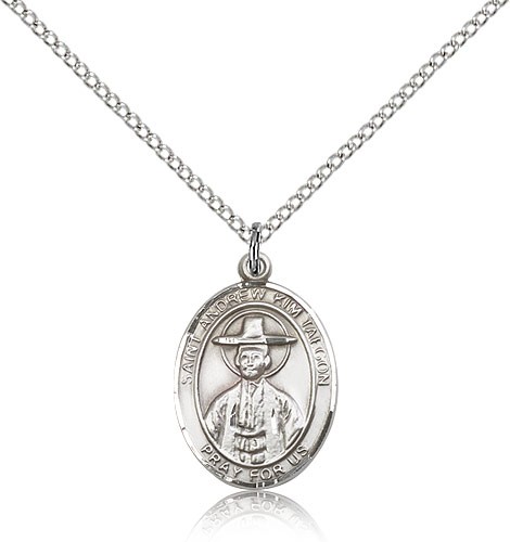 St. Andrew Kim Taegon Medal, Sterling Silver, Medium - 18&quot; 1.2mm Sterling Silver Chain + Clasp