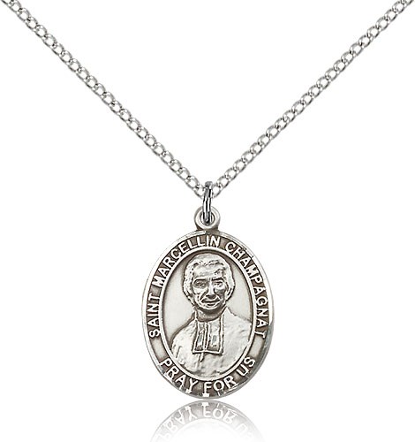 St. Marcellin Champagnat Medal, Sterling Silver, Medium - 18&quot; 1.2mm Sterling Silver Chain + Clasp