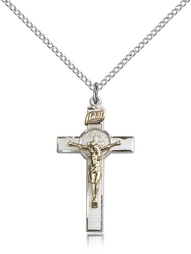 St. Benedict Crucifix Pendant, Two-Tone - 18&quot; 1.2mm Sterling Silver Chain + Clasp