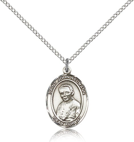 St. John Neumann Medal, Sterling Silver, Medium - 18&quot; 1.2mm Sterling Silver Chain + Clasp