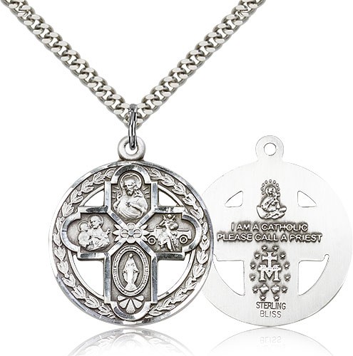 4 Way Cross Pendant, Sterling Silver - 24&quot; 2.4mm Rhodium Plate Endless Chain