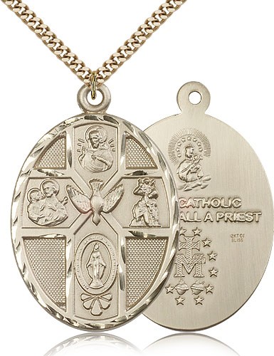 5 Way Cross Holy Spirit Medal, Gold Filled - 24&quot; 2.4mm Gold Plated Endless Chain