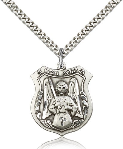 St. Michael the Archangel Medal, Sterling Silver - 24&quot; 2.4mm Rhodium Plate Endless Chain