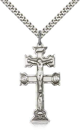 Caravaca Crucifix Pendant, Sterling Silver - 24&quot; 2.4mm Rhodium Plate Endless Chain