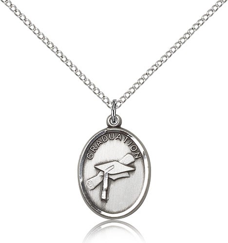 Graduation Medal, Sterling Silver - 18&quot; 1.2mm Sterling Silver Chain + Clasp