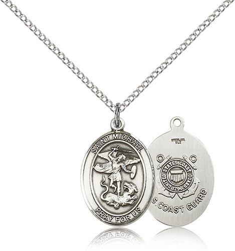 St. Michael Coast Guard Medal, Sterling Silver, Medium - 18&quot; 1.2mm Sterling Silver Chain + Clasp