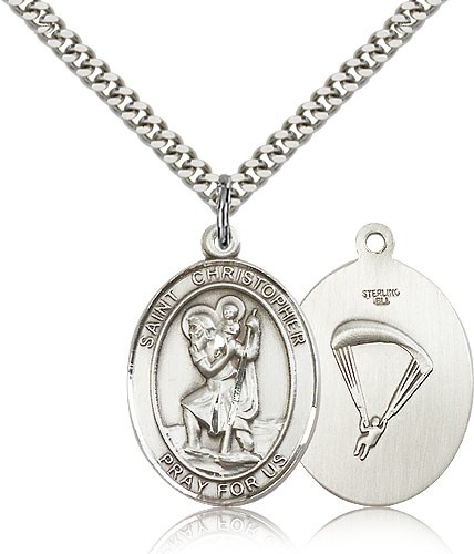 St. Christopher Paratrooper Medal, Sterling Silver, Large - 24&quot; 2.4mm Rhodium Plate Chain + Clasp