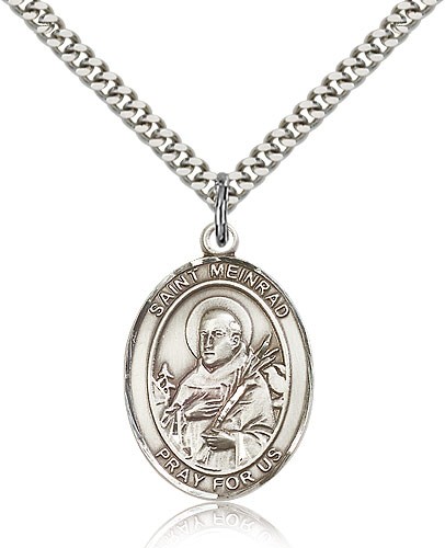 St. Meinrad of Einsideln Medal, Sterling Silver, Large - 24&quot; 2.4mm Rhodium Plate Chain + Clasp