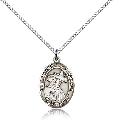 St. Bernard of Clairvaux Medal, Sterling Silver, Medium - 18&quot; 1.2mm Sterling Silver Chain + Clasp