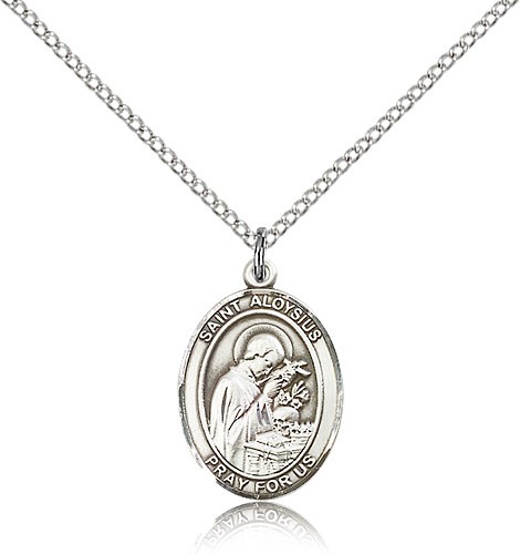 St. Aloysius Gonzaga Medal, Sterling Silver, Medium - 18&quot; 1.2mm Sterling Silver Chain + Clasp