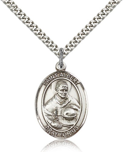 St. Albert the Great Medal, Sterling Silver, Large - 24&quot; 2.4mm Rhodium Plate Chain + Clasp