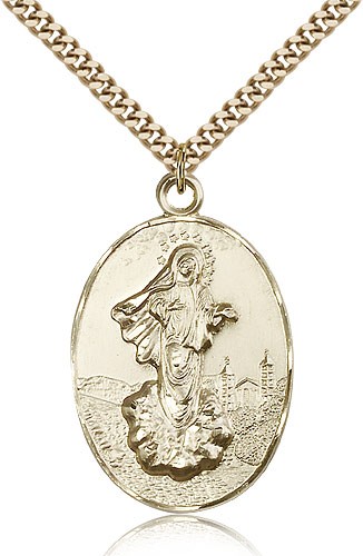 Our Lady of Medugorje Medal, Gold Filled - 24&quot; 2.4mm Gold Plated Endless Chain