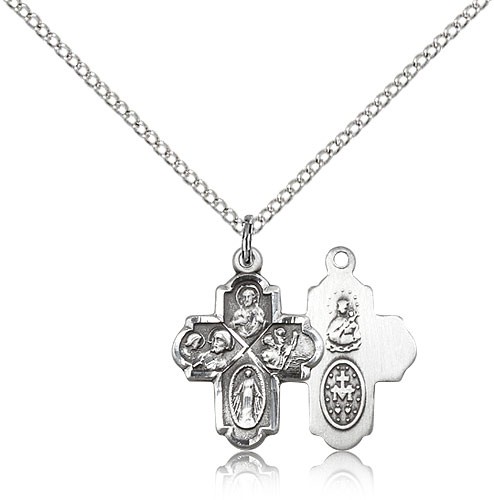 4 Way Cross Pendant, Sterling Silver - 18&quot; 1.2mm Sterling Silver Chain + Clasp