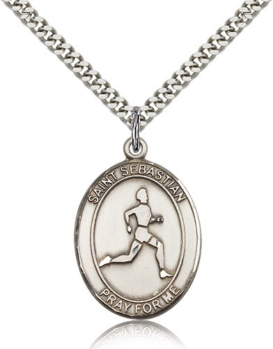 St. Sebastian Track and Field Medal, Sterling Silver, Large - 24&quot; 2.4mm Rhodium Plate Chain + Clasp