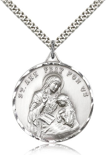 St. Ann Medal, Sterling Silver - 24&quot; 2.4mm Rhodium Plate Endless Chain