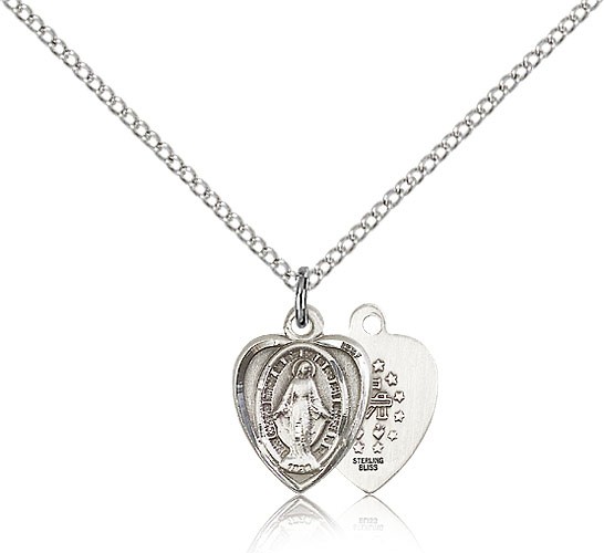 Miraculous Medal, Sterling Silver - 18&quot; 1.2mm Sterling Silver Chain + Clasp