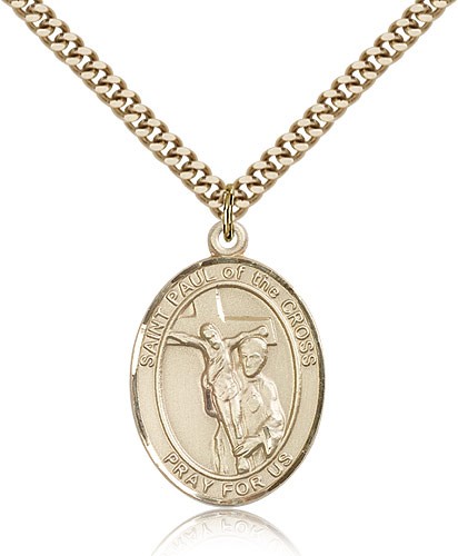 St. Paul of the Cross Medal, Gold Filled, Large - 24&quot; 2.4mm Gold Plated Chain + Clasp