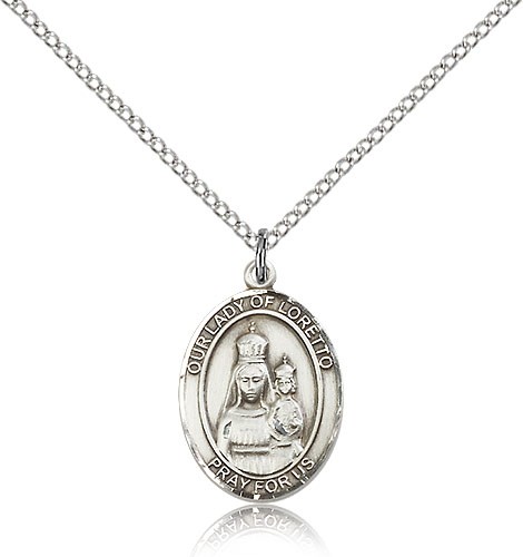 Our Lady of Loretto Medal, Sterling Silver, Medium - 18&quot; 1.2mm Sterling Silver Chain + Clasp
