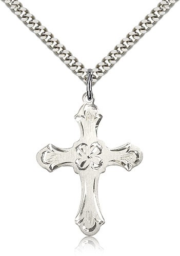 Cross Pendant, Sterling Silver - 24&quot; 2.4mm Rhodium Plate Endless Chain