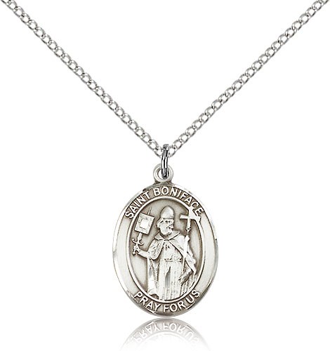 St. Boniface Medal, Sterling Silver, Medium - 18&quot; 1.2mm Sterling Silver Chain + Clasp