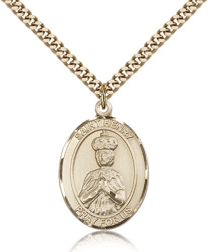 St. Henry II Medal, Gold Filled, Large - 24&quot; 2.4mm Gold Plated Chain + Clasp