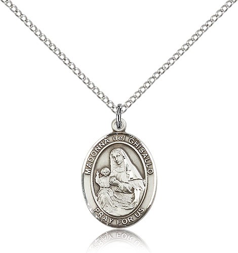 St. Madonna Del Ghisallo Medal, Sterling Silver, Medium - 18&quot; 1.2mm Sterling Silver Chain + Clasp