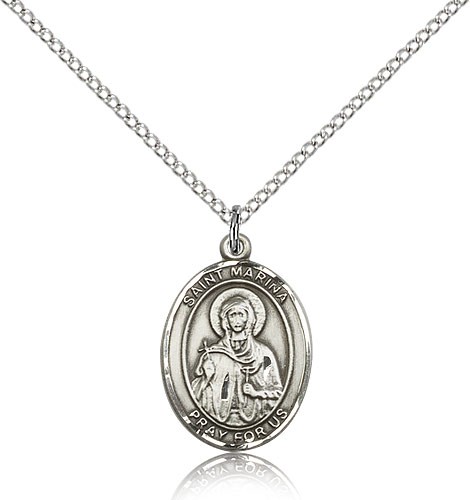 St. Marina Medal, Sterling Silver, Medium - 18&quot; 1.2mm Sterling Silver Chain + Clasp