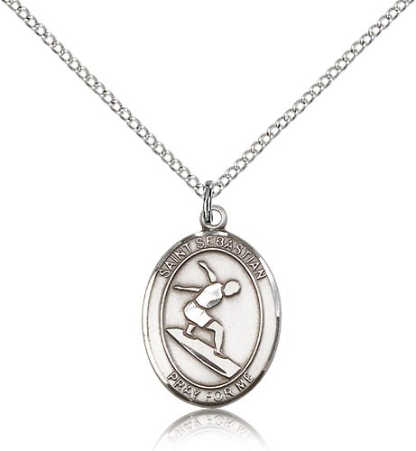 St. Sebastian Surfing Medal, Sterling Silver, Medium - 18&quot; 1.2mm Sterling Silver Chain + Clasp