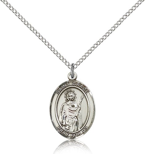 St. Grace Medal, Sterling Silver, Medium - 18&quot; 1.2mm Sterling Silver Chain + Clasp