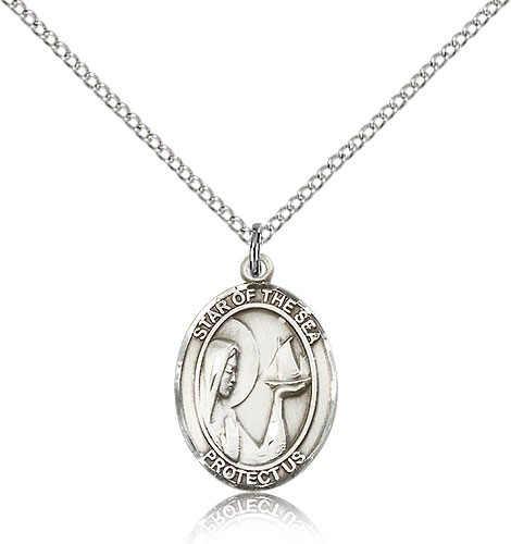 Our Lady Star of the Sea Medal, Sterling Silver, Medium - 18&quot; 1.2mm Sterling Silver Chain + Clasp