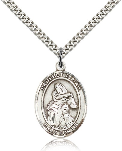 St. Isaiah Medal, Sterling Silver, Large - 24&quot; 2.4mm Rhodium Plate Chain + Clasp