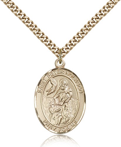 St. Peter Nolasco Medal, Gold Filled, Large - 24&quot; 2.4mm Gold Plated Chain + Clasp