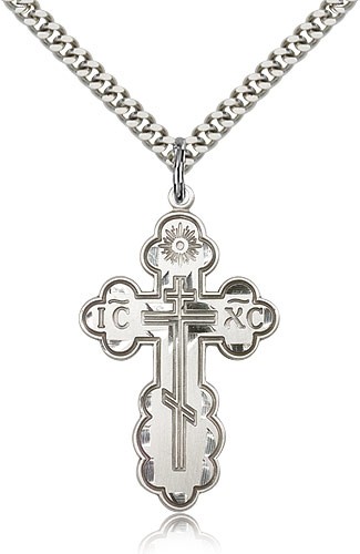 St. Olga Cross Pendant, Sterling Silver - 24&quot; 2.4mm Rhodium Plate Endless Chain