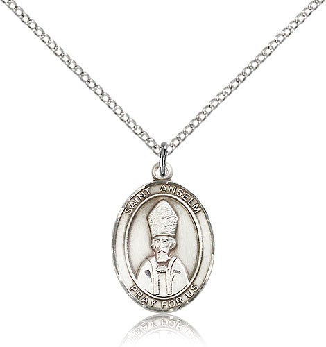 St. Anselm of Canterbury Medal, Sterling Silver, Medium - 18&quot; 1.2mm Sterling Silver Chain + Clasp