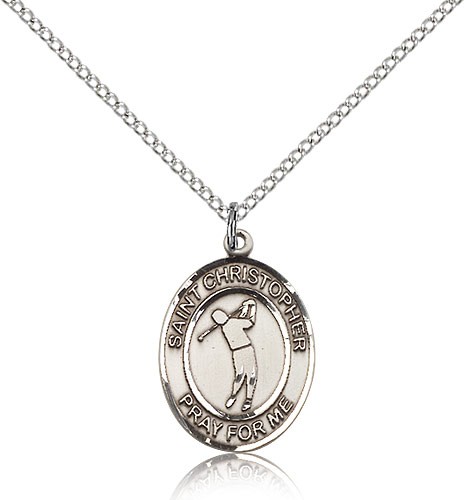 St. Christopher Golf Medal, Sterling Silver, Medium - 18&quot; 1.2mm Sterling Silver Chain + Clasp