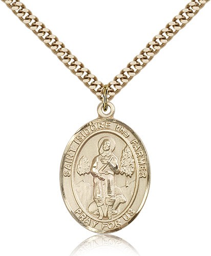 St. Isidore the Farmer Medal, Gold Filled, Large - 24&quot; 2.4mm Gold Plated Chain + Clasp