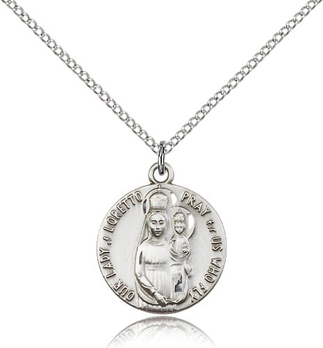 Our Lady of Loretto Medal, Sterling Silver - 18&quot; 1.2mm Sterling Silver Chain + Clasp