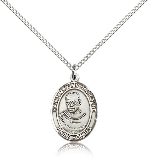 St. Maximilian Kolbe Medal, Sterling Silver, Medium - 18&quot; 1.2mm Sterling Silver Chain + Clasp