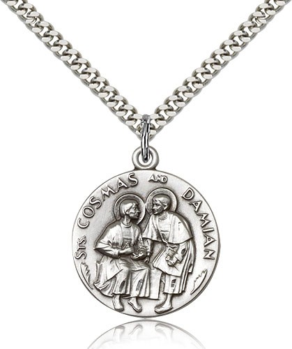Sts. Cosmos and Damian Medal, Sterling Silver - 24&quot; 2.4mm Rhodium Plate Endless Chain