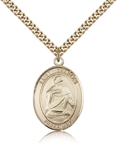 St. Charles Borromeo Medal, Gold Filled, Large - 24&quot; 2.4mm Gold Plated Chain + Clasp