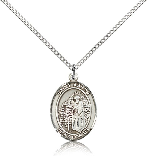 St. Aaron Medal, Sterling Silver, Medium - 18&quot; 1.2mm Sterling Silver Chain + Clasp